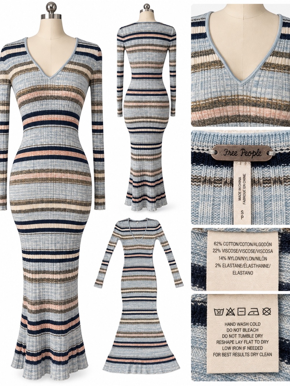 Free People Striped Ribbed Knit Maxi Dress Small Long Sleeve V-Neck